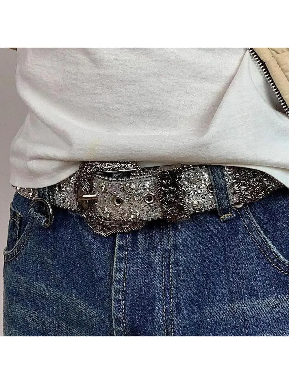 Y2k 2000s style rhinestone crystal grunge silver punk belt. Cool grunge/punk